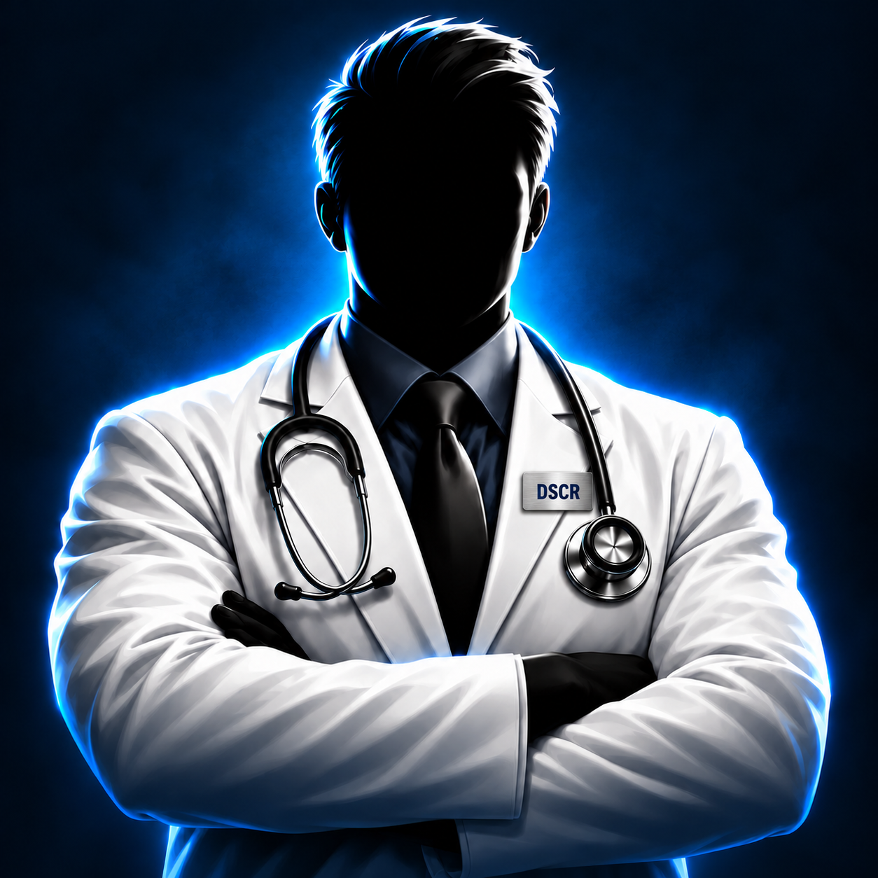 Faceless doctor wearing a white coat with a stethoscope, with crossed arms and electric-blue lighting